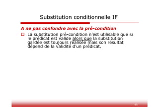 85
A ne pas confondre avec la pré-condition
 La substitution pré-condition n’est utilisable que si
le prédicat est valide alors que la substitution
gardée est toujours réalisée mais son résultat
dépend de la validité d’un prédicat.
Substitution conditionnelle IF
 
