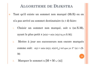10
Tant qu’il existe un sommet non marqué (M≠X) ou on
n’a pas arrivé au sommet destinataire (x ≠ d) faire:
1. Choisir un sommet non marqué, soit x (x∈X-M),
ayant le plus petit π [π(x) = min {π(y) tq y∈X-M}]
2. Mettre à jour ses successeurs non encore marqués
comme suit: π(y) = min (π(y), π(x)+lxy) tel que y∈ Γ+ (x) ∩ (X-
M)
3. Marquer le sommet x [M = M ∪ {x}]
ALGORITHME DE DIJKSTRA
 