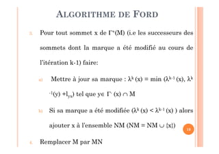 19
3. Pour tout sommet x de Γ+(M) (i.e les successeurs des
sommets dont la marque a été modifié au cours de
l’itération k-1) faire:
a) Mettre à jour sa marque : λk (x) = min (λk-1 (x), λk
-1(y) +lyx) tel que y∈ Γ- (x) ∩ M
b) Si sa marque a été modifiée (λk (x) < λk-1 (x) ) alors
ajouter x à l’ensemble NM (NM = NM ∪ {x})
4. Remplacer M par MN
ALGORITHME DE FORD
 