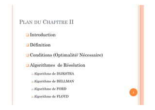 Introduction
Définition
Conditions (Optimalité/ Nécessaire)
Algorithmes de Résolution
Algorithme de DIJKSTRA
Algorithme de BELLMAN
Algorithme de FORD
Algorithme de FLOYD
2
PLAN DU CHAPITRE II
 