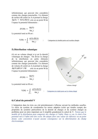 infinitésimaux qui peuvent être considérés
comme des charges ponctuelles. Un élément
de surface dS centré en A et portant la charge
dq(A) = σ(A) dS(A) crée en un point M de
l’espace le potentiel élémentaire :

                          dq(A)
           dV(M) =
                       4πε o r
Le potentiel total en M est :

                           σ(A) dS(A)
          V(M) =    ∫
                    (S)
                                 4πε o r
                                               :        l’intégration (ici double) porte sur la surface chargée




5) Distribution volumique

(τ) est un volume chargé et ρ est la densité
volumique de charges . On divise la charge                                                                           M
                                                                                                                         dV
de la distribution en petits éléments
infinitésimaux qui peuvent être considérés
comme des charges ponctuelles. Un élément
                                                                                                        r
de volume dτ centré en A et portant la charge
        =
dq(A) ρ(A) d (A)  τ      crée en un point M de                                  ρ
l’espace le potentiel élémentaire :
                                                                                        A
                                                                                        A
           dV(M) =
                          dq(A)                                                              dτ
                                                                                                               (τ)
                           4πε o r

Le potentiel total en M est :
                                                                                         volume chargé

                                 ρ(A) dτ(A)
             V(M) =        ∫
                          (τ )       4πε o r
                                                   :   l’intégration (ici triple) porte sur le volume chargé




6) Calcul du potentiel V

L’intégration dans les trois cas cité précédemment s’effectue suivant les méthodes usuelles.
Le choix du système de coordonnées les mieux adaptées (celui qui tiendra compte des
propriétés de symétrie particulières de la densité de charges et du système chargé) au
problème posé est alors important car il simplifie grandement le calcul de V. Notons que le
modèle de la distribution peut comporter des charges à l’infini. Dans ce cas, le choix d’un
potentiel nul à l’infini doit être exclu. On adopte alors une valeur de référence en un point
donné, cette convention n’ayant aucune conséquence sur la détermination du champ
électrostatique.
 