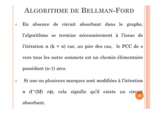 20
 En absence de circuit absorbant dans le graphe,
l’algorithme se termine nécessairement à l’issue de
l’itération n (k = n) car, au pire des cas, le PCC de s
vers tous les autre sommets est un chemin élémentaire
possédant (n-1) arcs.
 Si une ou plusieurs marques sont modifiées à l’itération
n (+(M) ≠), cela signifie qu’il existe un circuit
absorbant.
ALGORITHME DE BELLMAN-FORD
 
