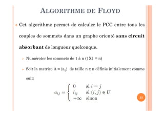 23
 Cet algorithme permet de calculer le PCC entre tous les
couples de sommets dans un graphe orienté sans circuit
absorbant de longueur quelconque.
 Numéroter les sommets de 1 à n (|X| = n)
 Soit la matrice A = {aij} de taille n x n définie initialement comme
suit:
ALGORITHME DE FLOYD
 