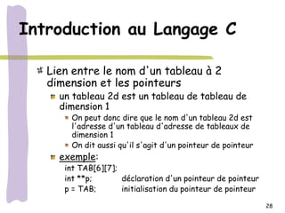 Introduction au Langage C

   Lien entre le nom d'un tableau à 2
   dimension et les pointeurs
     un tableau 2d est un tableau de tableau de
     dimension 1
       On peut donc dire que le nom d'un tableau 2d est
       l'adresse d'un tableau d'adresse de tableaux de
       dimension 1
       On dit aussi qu'il s'agit d'un pointeur de pointeur
     exemple:
      int TAB[6][7];
      int **p;       déclaration d'un pointeur de pointeur
      p = TAB;       initialisation du pointeur de pointeur

                                                              28
 