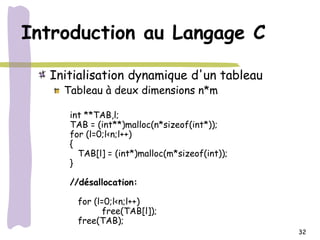 Introduction au Langage C

  Initialisation dynamique d'un tableau
    Tableau à deux dimensions n*m

     int **TAB,l;
     TAB = (int**)malloc(n*sizeof(int*));
     for (l=0;l<n;l++)
     {
       TAB[l] = (int*)malloc(m*sizeof(int));
     }

     //désallocation:

      for (l=0;l<n;l++)
            free(TAB[l]);
      free(TAB);
                                               32
 