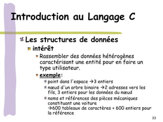 Introduction au Langage C

  Les structures de données
    intérêt
      Rassembler des données hétérogènes
      caractérisant une entité pour en faire un
      type utilisateur.
      exemple:
         point dans l'espace 3 entiers
         nœud d'un arbre binaire 2 adresses vers les
         fils, 3 entiers pour les données du nœud
         noms et références des pièces mécaniques
         constituant une voiture
         600 tableaux de caractères + 600 entiers pour
         la référence
                                                          33
 