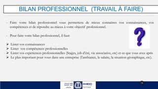 BILAN PROFESSIONNEL (TRAVAIL À FAIRE)
19
- Faire votre bilan professionnel vous permettera de mieux connaitres vos connaissances, vos
compétences et de répondre au mieux à votre objectif professionnel.
- Pour faire votre bilan professionnel, il faut:
 Lister vos connaissances
 Lister vos compétences professionnelles
 Lister vos experiences professionnelles (Stages, job d’été, vie associative, etc) et ce que vous avez apris
 Le plus important pour vous dans une entreprise (l’ambiance, le salaire, la situation géoraphique, etc).
 