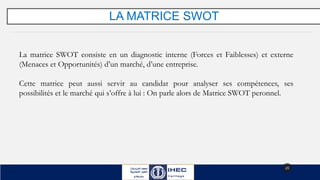 LA MATRICE SWOT
20
La matrice SWOT consiste en un diagnostic interne (Forces et Faiblesses) et externe
(Menaces et Opportunités) d’un marché, d’une entreprise.
Cette matrice peut aussi servir au candidat pour analyser ses compétences, ses
possibilités et le marché qui s’offre à lui : On parle alors de Matrice SWOT peronnel.
 