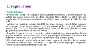 L’exploration
• Grille de lecture
• Pour que la lecture soit efficace, il est également recommandé d’établir une grille de
lecture qui recense d’une part, les idées contenues dans le texte et d’autre part, leur
structuration (cheminement du texte) et de rédiger alors un résumé à l’aide de cette
grille.
• Après avoir réalisé les résumés des différents textes retenus, il s’agit de les comparer
attentivement (points de vue adoptés, contenus, accords et divergences des différents
auteurs) afin d’en retirer les éléments de travail et les réflexions les plus intéressantes
qui permettront d’orienter les lectures futures.
• La grille de lecture est une construction qui permet de dégager d’une part les thèmes
majeurs identifiés chez les auteurs et d’autre part elle permet de relier ces thèmes aux
différentes dimensions de la question de recherche et à son contenu global.
• Un premier travail consiste à résumer et à coder ce qui a été recueilli et lu, de manière
à pouvoir le mobiliser plus facilement. Il s’agit de pouvoir regrouper, catégoriser,
comparer, organiser les références entre elles.
 