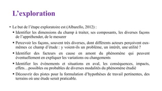 L’exploration
• Le but de l’étape exploratoire est (Albarello, 2012) :
 Identifier les dimensions du champ à traiter, ses composants, les diverses façons
de l’appréhender, de le mesurer
 Percevoir les façons, souvent très diverses, dont différents acteurs perçoivent eux-
mêmes ce champ d’étude : y voient-ils un problème, un intérêt, une utilité ?
 Identifier des facteurs en cause en amont du phénomène qui peuvent
éventuellement en expliquer les variations ou changements
 Identifier les événements et situations en aval, les conséquences, impacts,
effets…possibles ou probables de diverses modalités du phénomène étudié
 Découvrir des pistes pour la formulation d’hypothèses de travail pertinentes, des
terrains où une étude serait praticable.
 