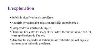 L’exploration
 Établir la signification du problème ;
 Acquérir le vocabulaire et les concepts liés au problème ;
 Comprendre la structure du sujet ;
 Établir un lien entre les idées et les cadres théoriques d’une part, et
leurs applications de l’autre ;
 Identifier les méthodes et techniques de recherche qui ont déjà été
utilisées pour traiter du problème.
 