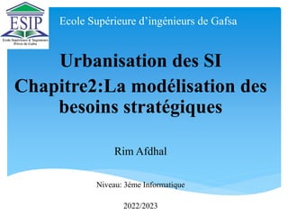 Ecole Supérieure d’ingénieurs de Gafsa
Urbanisation des SI
Chapitre2:La modélisation des
besoins stratégiques
Rim Afdhal
Niveau: 3éme Informatique
2022/2023
 