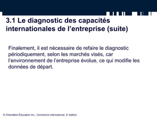 3.1 Le diagnostic des capacités
internationales de l’entreprise (suite)
Finalement, il est nécessaire de refaire le diagnostic
périodiquement, selon les marchés visés, car
l’environnement de l’entreprise évolue, ce qui modifie les
données de départ.
© Chenelère Éducation inc., Commerce international, 2e
édition.
 