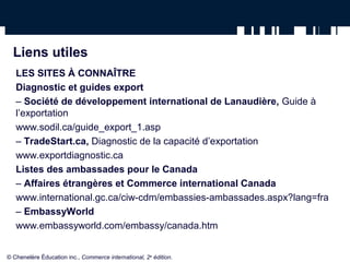 Liens utiles
LES SITES À CONNAÎTRE
Diagnostic et guides export
– Société de développement international de Lanaudière, Guide à
l’exportation
www.sodil.ca/guide_export_1.asp
– TradeStart.ca, Diagnostic de la capacité d’exportation
www.exportdiagnostic.ca
Listes des ambassades pour le Canada
– Affaires étrangères et Commerce international Canada
www.international.gc.ca/ciw-cdm/embassies-ambassades.aspx?lang=fra
– EmbassyWorld
www.embassyworld.com/embassy/canada.htm
© Chenelère Éducation inc., Commerce international, 2e
édition.
 