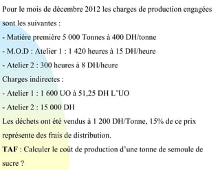 Pour le mois de décembre 2012 les charges de production engagées
sont les suivantes :
- Matière première 5 000 Tonnes à 400 DH/tonne
- M.O.D : Atelier 1 : 1 420 heures à 15 DH/heure
- Atelier 2 : 300 heures à 8 DH/heure
Charges indirectes :
- Atelier 1 : 1 600 UO à 51,25 DH L’UO
- Atelier 2 : 15 000 DH
Les déchets ont été vendus à 1 200 DH/Tonne, 15% de ce prix
représente des frais de distribution.
TAF : Calculer le coût de production d’une tonne de semoule de
sucre ?
 