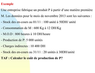 Exemple
Une entreprise fabrique un produit P à partir d’une matière première
M. Les données pour le mois de novembre 2013 sont les suivantes :
- Stock des en-cours au 01/11 : 100 unité à 50DH/ unité
- Consommation de M : 600 Kg à 12 DH/Kg
- M.O.D : 800 heures à 10 DH/heure
- Production de P: 5 000 unités
- Charges indirectes : 10 400 DH
- Stock des en-cours au 31/11 : 20 unités à 30DH/unité
TAF : Calculer le coût de production de P?
 