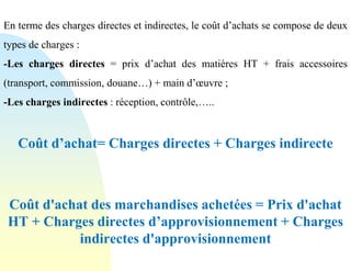 En terme des charges directes et indirectes, le coût d’achats se compose de deux
types de charges :
-Les charges directes = prix d’achat des matières HT + frais accessoires
(transport, commission, douane…) + main d’œuvre ;
-Les charges indirectes : réception, contrôle,…..
Coût d’achat= Charges directes + Charges indirecte
Coût d'achat des marchandises achetées = Prix d'achat
HT + Charges directes d’approvisionnement + Charges
indirectes d'approvisionnement
 