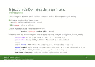 Intent putExtra(String clé, valeur)
private final String EXTRA_LOGIN = "login" ; // clé1/default
private final String EXTRA_PASSWORD = "password" ; // clé2/default
………………
Intent intent = new Intent (MainActivity.this, SecondeAvtivity.class);
intent.putExtra(Extra_LOGIN, login.getText().toString()); //valeur récupérée de l’IHM
intent.putExtra(EXTRA_PASSWORD, password.getText().toString());
startActivity(intent); //intent contient deux valeurs en Extra
 