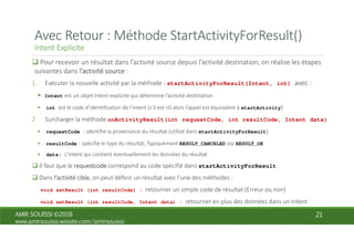 startActivityForResult(Intent, int)
Intent
int startActivity
onActivityResult(int requestCode, int resultCode, Intent data)
requestCode startActivityForResult
resultCode RESULT_CANCELED RESULT_OK
data:
startActivityForResult
void setResult (int resultCode) :
void setResult (int resultCode, Intent data) :
 