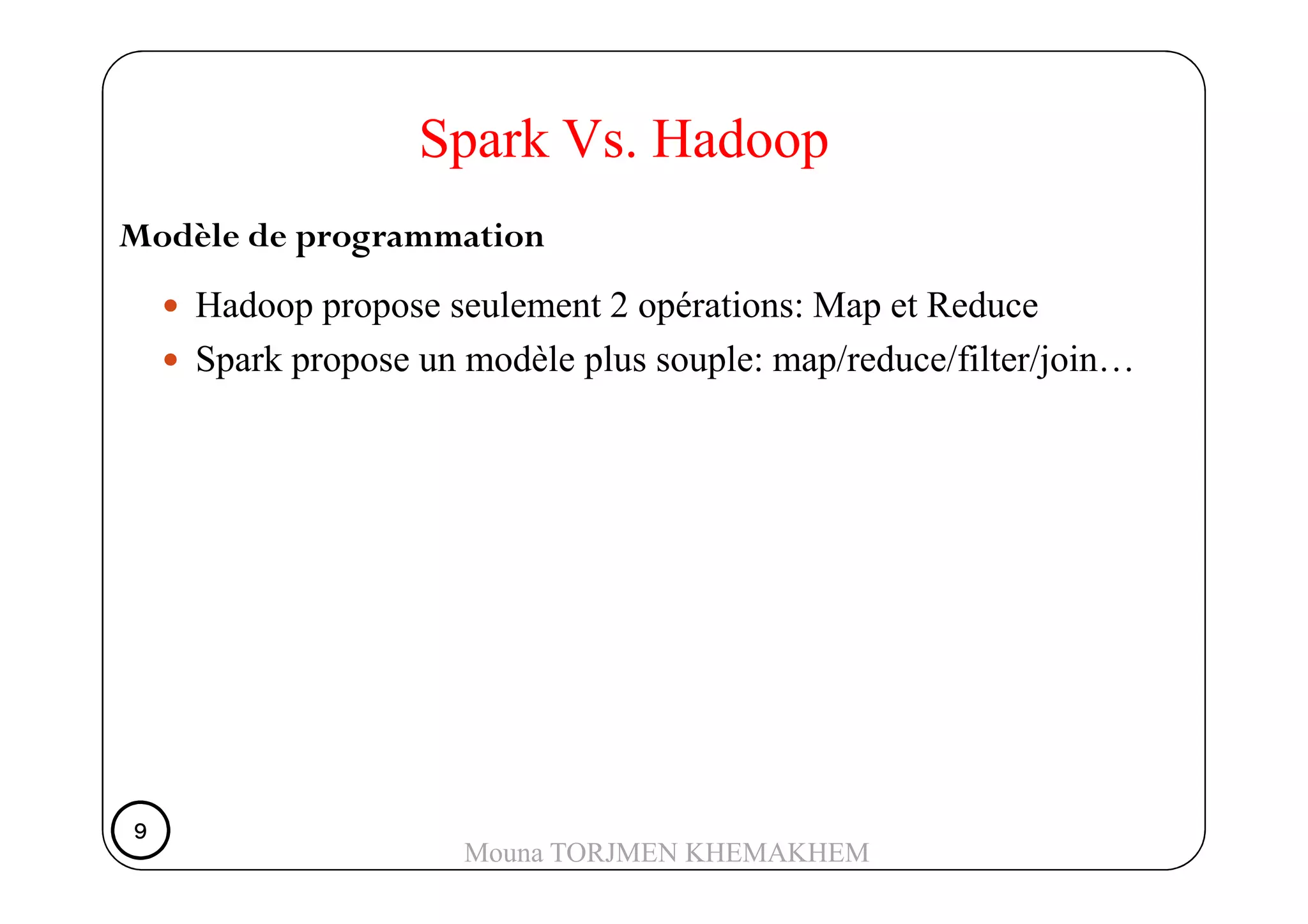 Modèle de programmation
Hadoop propose seulement 2 opérations: Map et Reduce
Spark propose un modèle plus souple: map/reduce/filter/join…
Spark Vs. Hadoop
9999
Mouna TORJMEN KHEMAKHEM
 
