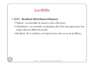 RDD: Resilient Distributed Dataset:
Dataset : un ensemble de données (une collection).
Distributed : cet ensemble est distribué afin d’être découpée pour être
traitée dans les différents nœuds.
Resilient : Il est résilient, car il pourra être relu en cas de problème.
Les RDDs
Resilient : Il est résilient, car il pourra être relu en cas de problème.
13131313
Mouna TORJMEN KHEMAKHEM
 