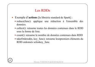 Exemple d’actions [la librairie standard de Spark] :
reduce(func): applique une réduction à l'ensemble des
données.
collect(): retourne toutes les données contenues dans le RDD
sous la forme de liste.
Les RDDs
count(): retourne le nombre de données contenues dans RDD
takeOrdered(n, key_func): retourne lesnpremiers éléments du
RDD ordonnés selonkey_func.
17171717
Mouna TORJMEN KHEMAKHEM
 