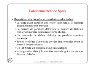 Répartition des données et distributions des taches
La taille d'une partition doit rester inférieure à la mémoire
disponible pour son executor.
Le nombre de partitions détermine le nombre de tâches à
réaliser de manière concurrente sur le cluster.
Fonctionnement de Spark
Un ensemble de tâches réalisées en parallèle constitue
une étape
Toutes les tâches d'une étape doivent être terminées avant de
passer à l'étape suivante.
Un job Spark est composé d'une suite d'étapes
la progression d'un job peut être mesurée grâce au nombre
d'étapes réalisées.
25252525
Mouna TORJMEN KHEMAKHEM
 