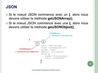JSON
 Si le noeud JSON commence avec un [, alors nous
devons utiliser la méthode getJSONArray().
 Si le noeud JSON commence avec une {, alors nous
devons utiliser la méthode getJSONObject().
17
Imene Sghaier-Développement Mobile Avancé
 