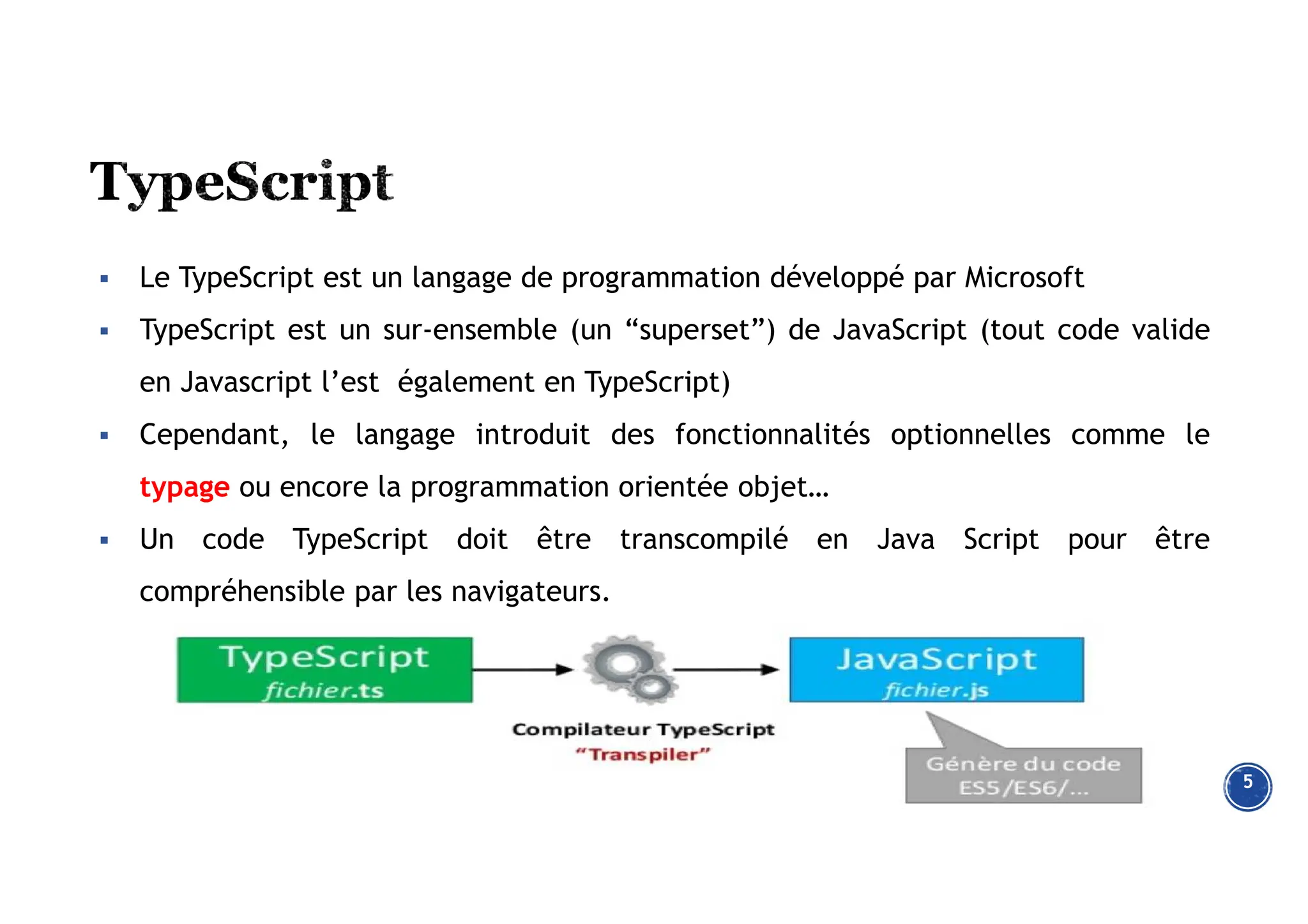 5
 Le TypeScript est un langage de programmation développé par Microsoft
 TypeScript est un sur-ensemble (un “superset”) de JavaScript (tout code valide
en Javascript l’est également en TypeScript)
 Cependant, le langage introduit des fonctionnalités optionnelles comme le
typage ou encore la programmation orientée objet…
 Un code TypeScript doit être transcompilé en Java Script pour être
compréhensible par les navigateurs.
 