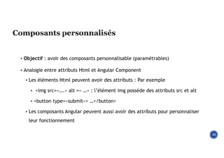  Objectif : avoir des composants personnalisable (paramétrables)
 Analogie entre attributs Html et Angular Component
 Les éléments Html peuvent avoir des attributs : Par exemple
 <img src=«….» alt =« …» : l’élément img possède des attributs src et alt
 <button type=«submit»> …</button>
 Les composants Angular peuvent aussi avoir des attributs pour personnaliser
leur fonctionnement
35
 