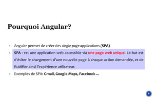  Angular permet de créer des single page applications (SPA)
 SPA : est une application web accessible via une page web unique. Le but est
d’éviter le chargement d’une nouvelle page à chaque action demandée, et de
fluidifier ainsi l’expérience utilisateur.
 Exemples de SPA: Gmail, Google Maps, Facebook ...
6
 