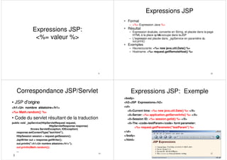 9
Expressions JSP:
<%= valeur %>
Expressions JSP
10
• Format
– <%= Expression Java %>
• Résultat
– Expression évaluée, convertie en String, et placée dans la page
HTML à la place qu‟elleoccupe dans laJSP
– L‟expression est placée dans _jspService en paramètre du
out.print()
• Exemples
– Heurecourante: <%= new java.util.Date() %>
– Hostname: <%= request.getRemoteHost() %>
}
Correspondance JSP/Servlet
• JSP d‟origine
<h1>Un nombre aléatoire</h1>
<%= Math.random() %>
• Code du servlet résultant de la traduction
public void _jspService(HttpServletRequest request,
HttpServletResponse response)
throws ServletException, IOException{
response.setContentType("text/html");
HttpSession session = request.getSession();
JspWriter out = response.getWriter();
out.println("<h1>Un nombre aléatoire</h1>");
out.println(Math.random());
...
14
Expressions JSP: Exemple
12
<body>
<h2>JSP Expressions</h2>
<ul>
<li>Current time: <%= new java.util.Date() %> </li>
<li>Server: <%= application.getServerInfo() %> </li>
<li>Session ID: <%= session.getId() %> </li>
<li>The <code>testParam</code> form parameter:
<%= request.getParameter("testParam") %>
</ul>
</body>
</html>
 
