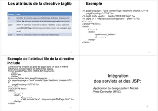 Les attributs de la directive taglib
Attribut Rôle
uri Identifier de manière unique une bibliothèque de balises. Emplacement:
fichier .tld décrivant les balises de la bibliothèque packagées dans un jar.
tagdir Définir le répertoire contenant les balises. Il doit être un sous répertoire
sous /WEB-INF/tags. Utilisé lorsque les balises ne sont pas packagées dans
un jar
prefix Définir le préfixe pour utiliser les balises de la bibliothèque
29
Exemple
<% page language = "java" contentType="text/html; charset=UTF-8"
pageEncoding="UTF-8" %>
<% taglib prefix =prefix tagdir="/WEB-INF/tags" %>
<% taglib uri = "http//java.sun.com/jsp/core " prefix="c "%>
<! --…-- >
<!DOCTYPE html>
<html>
< !--…-- >
<body>
<prefix:nom_balise/>
<! -- … -- >
</body>
</html>
30
Exemple de l’attribut file de la directive
include
Centraliser la création du pied de page dans un seul et même
fichier puis l’inclure dans les différentes pages.
Fichier piedDePage.html (/WEB-INF/fragments)
<footer>
Editions ENI
</footer>
Inclure ce fichier dans pageProtegee.jsp
<% page language = "java" contentType="text/html; charset=UTF-
8"
pageEncoding="UTF-8" %>
<! --…-- >
<!DOCTYPE html>
<html>
< !--…-- >
<body>
<! -- … -- >
<%@ include file =" ..fragments/piedDePage.html" %>
</body>
</html>
31
32
Intégration
des servlets et des JSP:
Application du design pattern Model-
View-Controller (MVC)
 