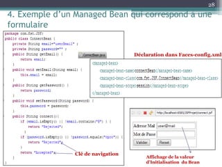 4. Exemple d’un Managed Bean qui correspond à une
formulaire
28
Affichage de la valeur
d’Initialisation du Bean
Clé de navigation
Déclaration dans Faces-config.xml
 