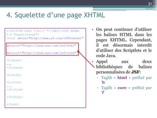 4. Squelette d’une page XHTML
• On peut continuer d’utiliser
les balises HTML dans les
pages XHTML. Cependant,
il est désormais interdit
d’utiliser des Scriptlets et le
code Java.
• Appel aux deux
bibliothèques de balises
personnalisées de JSF:
▫ Taglib « html » préfixé par
‘h’
▫ Taglib « core » préfixé par
‘f’
31
<!DOCTYPE html PUBLIC "-//W3C//DTD XHTML
1.0 Transitional">
<html xmlns="http://www.w3.org/1999/xhtml"
xmlns:h="http://java.sun.com/jsf/html"
xmlns:f="http://java.sun.com/jsf/core">
<h:head>
...
</h:head>
<h:body>
<h:form>
...
</h:form>
</h:body>
</html>
 