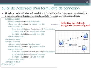 Suite de l’exemple d’un formulaire de connexion
• Afin de pouvoir exécuter le formulaire, il faut définir des règles de navigation dans
le Faces-config.xml qui correspond aux états retourné par le ManagedBean
39
Définition des règles de
Navigation Faces-config.xml
 