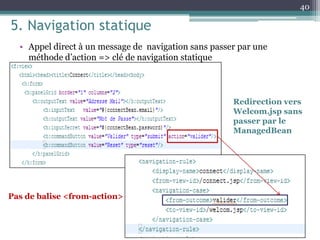 5. Navigation statique
• Appel direct à un message de navigation sans passer par une
méthode d’action => clé de navigation statique
40
Pas de balise <from-action>
Redirection vers
Welcom.jsp sans
passer par le
ManagedBean
 