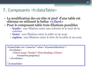 7. Composants <h:dataTable>
• La modification des en-tête et pied d'une table est
obtenue en utilisant la balise <c:facet>
• Pour le composant table trois filiations possibles
 header : une filiation entre une colonne et le nom de la
colonne
 footer : une filiation entre la table et un nom
 caption : une filiation entre le titre de la table et un nom
46
<h:dataTable var="someVar" value="#{someCollection}">
<h:column>
<f:facet name="header">First Heading</f:facet>
#{someVar.property1}
</h:column>
…
</h:dataTable>
 