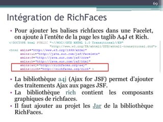 Intégration de RichFaces
69
• Pour ajouter les balises richfaces dans une Facelet,
on ajoute à l’entête de la page les taglib A4J et Rich.
• La bibliothèque a4j (Ajax for JSF) permet d’ajouter
des traitements Ajax aux pages JSF.
• La bibliothèque rich contient les composants
graphiques de richfaces.
• Il faut ajouter au projet les Jar de la bibliothèque
RichFaces.
 