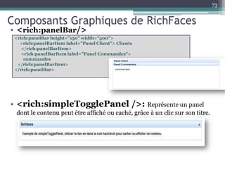 Composants Graphiques de RichFaces
73
• <rich:panelBar/>
• <rich:simpleTogglePanel />: Représente un panel
dont le contenu peut être affiché ou caché, grâce à un clic sur son titre.
<rich:panelBar height="150" width="500">
<rich:panelBarItem label="Panel Client"> Clients
</rich:panelBarItem>
<rich:panelBarItem label="Panel Commandes">
commandes
</rich:panelBarItem>
</rich:panelBar>
 