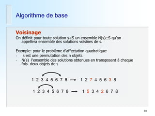 10 
Algorithme de base 
Voisinage 
On définit pour toute solution sS un ensemble N(s)S qu'on appellera ensemble des solutions voisines de s. 
Exemple: pour le problème d'affectation quadratique: 
• s est une permutation des n objets 
•N(s) l'ensemble des solutions obtenues en transposant à chaque fois deux objets de s 
1 2 3 4 5 6 7 8 
1 2 7 4 5 6 3 8 
1 2 3 4 5 6 7 8 
1 5 3 4 2 6 7 8  