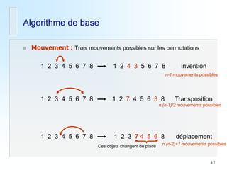 12 
Algorithme de base 
1 2 3 4 5 6 7 8 
1 2 7 4 5 6 3 8 
Mouvement : Trois mouvements possibles sur les permutations 
Transposition 
1 2 3 4 5 6 7 8 
1 2 4 3 5 6 7 8 
inversion 
1 2 3 4 5 6 7 8 
1 2 3 7 4 5 6 8 
déplacement 
Ces objets changent de place 
n-1 mouvements possibles 
n.(n-1)/2 mouvements possibles 
n.(n-2)+1 mouvements possibles  