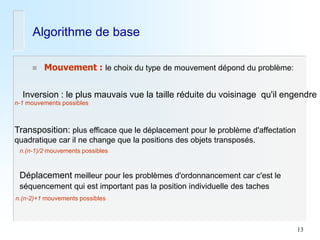 13 
Algorithme de base 
Mouvement : le choix du type de mouvement dépond du problème: 
Transposition: plus efficace que le déplacement pour le problème d'affectation quadratique car il ne change que la positions des objets transposés. 
Inversion : le plus mauvais vue la taille réduite du voisinage qu'il engendre 
Déplacement meilleur pour les problèmes d'ordonnancement car c'est le séquencement qui est important pas la position individuelle des taches 
n-1 mouvements possibles 
n.(n-1)/2 mouvements possibles 
n.(n-2)+1 mouvements possibles  