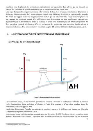 2
_______________________
Cours de Topographie pour BTS/Génie-civil.
parallèles pour la plupart des applications, spécialement en topométrie. Les relevés qui ne tiennent pas
compte des variations de gravité considèrent que le niveau de référence est un plan.
Une ligne horizontale est perpendiculaire à la verticale du lieu. Les niveaux permettent de déterminer la
différence d'élévation entre deux points. On peut obtenir cette différence de niveau en comparant les altitudes
des points par rapport au niveau moyen des mers N.M.M qui lui, est déterminé à l’aide d’un marégraphe sur
une période de plusieurs années. Ces différences sont déterminées par des nivellements géométrique,
trigonométrique ou barométrique. Dans le cadre de ce cours nous parlerons plus en détails uniquement des
deux premiers types de nivellement. Ceux-ci présentent des protocoles plus ou moins lourds suivant la
précision recherchée. Une notion intuitive consiste à adopter DDDDH comme différence d'altitudes entre A et B.
II. LE NIVELLEMENT DIRECT OU NIVELLEMENT GEOMETRIQUE
a) Principe du nivellement direct
Figure 2: Principe du nivellement direct
Le nivellement direct, ou nivellement géométrique consiste à mesurer la différence d’altitudes à partir de
visées horizontales. Cette opération s’effectue à l’aide d’un niveau et d’une règle graduée (tous les
centimètres) verticale appelée mire.
L'opération élémentaire s'appelle une nivelée et consiste à mesurer la différence de hauteur ou dénivelée
(∆H) entre deux points consécutifs A et B.
Une mire est tenue verticalement par un porte-mire sur les points A et B. Un niveau est mis en station sur un
trépied à mi-distance des 2 mires. L'opérateur dans la lunette du niveau, va successivement lire sur la mire en
 