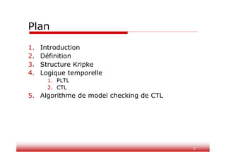 2
Plan
1. Introduction
2. Définition
3. Structure Kripke
4. Logique temporelle
1. PLTL
2. CTL
5. Algorithme de model checking de CTL
 