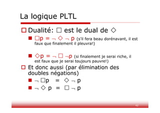 42
La logique PLTL
 Dualité:  est le dual de 
 p =    p (s’il fera beau dorénavant, il est
faux que finalement il pleuvra!)
 p =   p (si finalement je serai riche, il
est faux que je serai toujours pauvre!)
 Et donc aussi (par élimination des
doubles négations)
  p =   p
   p =   p
 