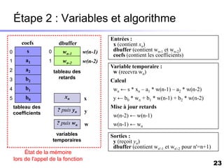 Étape 2 : Variables et algorithme
                                              Entrées :
       coefs             dbuffer               x (contient xn)
0        s         0      wn-1       w(n-1)    dbuffer (contient wn-1 et wn-2)
                                               coefs (contient les coefficients)
1        a1        1      wn-2       w(n-2)
                                              Variable temporaire :
2        a2            tableau des             w (recevra wn)
3        b2              retards
                                              Calcul
4        b1                                    wn ← s * xn – a1 * w(n-1) – a2 * w(n-2)
5        b0                xn        x         y ← b0 * wn + b1 * w(n-1) + b2 * w(n-2)
    tableau des                               Mise à jour retards
                        ? puis yn    y
    coefficients
                                               w(n-2) ← w(n-1)
                        ? puis wn    w         w(n-1) ← wn
                         variables            Sorties :
                       temporaires             y (reçoit yn)
                                               dbuffer (contient wn'-1 et wn'-2 pour n'=n+1)
         État de la mémoire
    lors de l'appel de la fonction
                                                                                               23
 