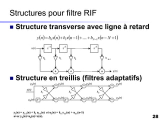 Structures pour filtre RIF
    Structure transverse avec ligne à retard
                             y n   b0 xn   b1 xn  1  ....  bN 1 xn  N  1
                                                -1                -1                              -1
                      x(n)                  z                 z                               z



                                        b                 b                  b                              b
                                        0                 1                  2                                  N-1




                                                     +                   +                              +                 y (n)


    Structure en treillis (filtres adaptatifs)
                  y0(n)                                  y1(n)                       y2(n)                                   y3(n)
                                                     +                           +                                    +
               x(n)
                                   k1                                   k2                         k3

                                                         u1(n)                       u2(n)                                   u3(n)
                u0(n)        z-1                     +            z-1            +           z-1                      +



    yi(n) = yi-1(n) + ki ui-1(n) et ui(n) = k1 yi-1(n) + ui-1(n-1)
    avec y0(n)=u0(n)=x(n).                                                                                                           28
 