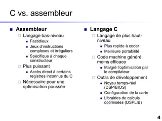 C vs. assembleur
   Assembleur                             Langage C
       Langage bas-niveau                     Langage de plus haut-
            Fastidieux                         niveau
            Jeux d’instructions                    Plus rapide à coder
             complexes et irréguliers               Meilleure portabilité
            Spécifique à chaque               Code machine généré
             constructeur                       moins efficace
       Plus puissant                               Malgré l’optimisation par
            Accès direct à certains                 le compilateur
             registres inconnus du C           Outils de développement
       Nécessaire pour une                         Noyau temps-réel
        optimisation poussée                         (DSP/BIOS)
                                                    Configuration de la carte
                                                    Librairies de calculs
                                                     optimisées (DSPLIB)


                                                                                 4
 