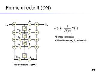Forme directe II (DN)

                    b0
xn                           yn
                                            1
        -a1
              z-1
                    b1            H ( z)         N ( z)
                                           D( z )
              z-1
        -a2         b2             •Forme canonique
                                   •Nécessite max(Q,P) mémoires
        -a3   z-1
                    b3



              z-1
      -aQ-1         bQ-1

     Forme directe II (DN)

                                                                  40
 
